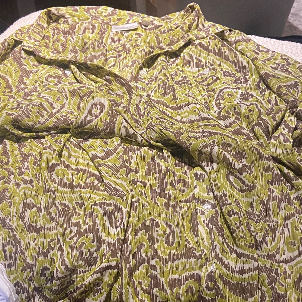 Avenue Olive and Chocolate Patterned Sheer Blouse